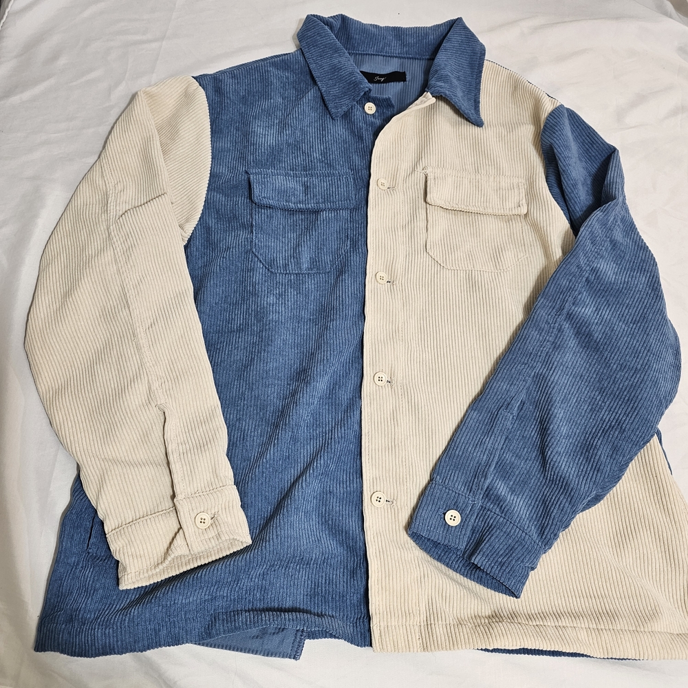 Colorblock Corduroy Shirt Shacket M Mens Jacket - Blue Cream Relaxed Baggy Fit